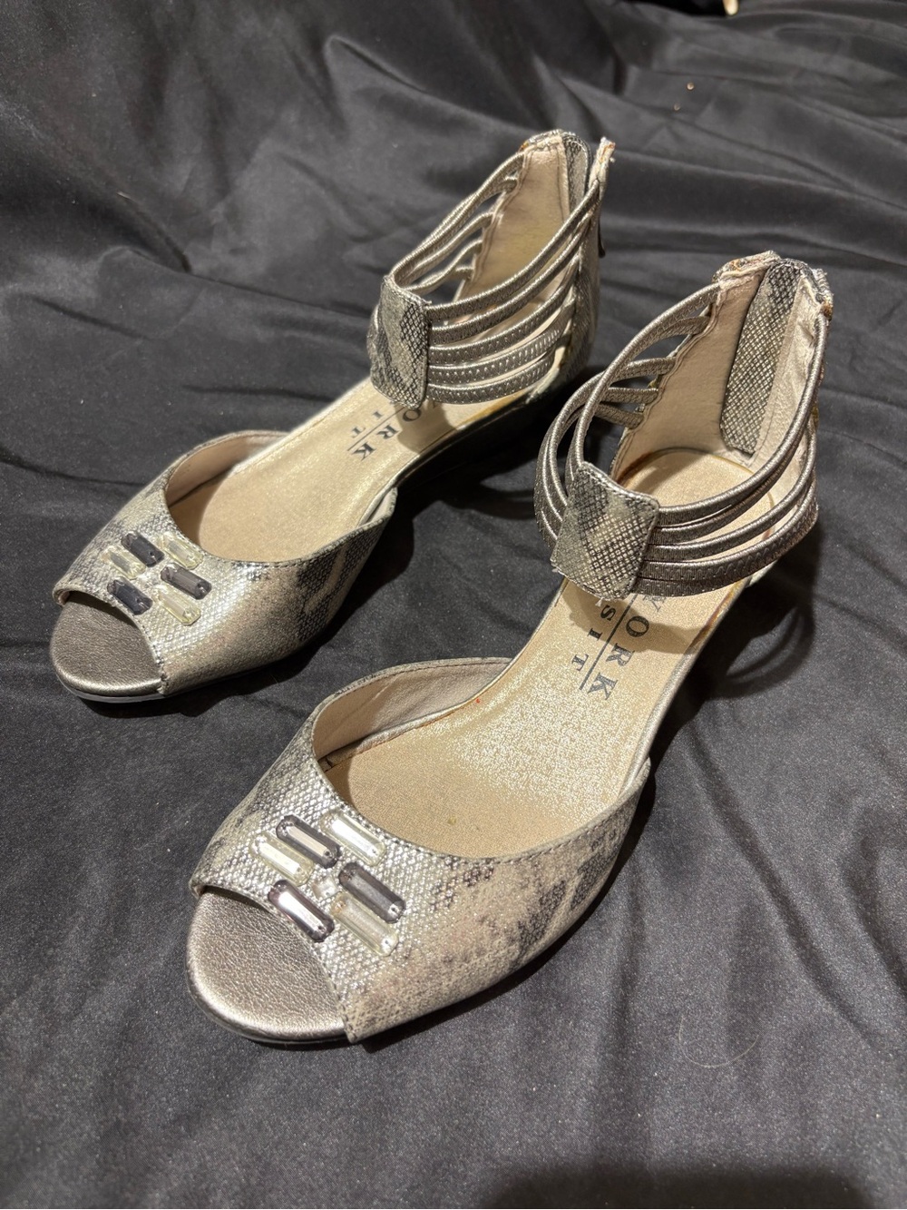 New York Transit Silver Snake-Print Peep Toe Ankle Strap Heels